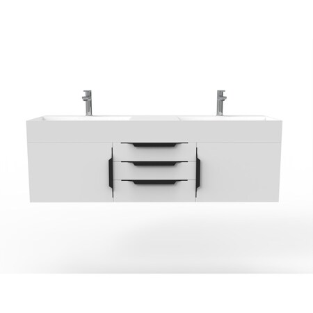 Castello Usa Amazon 60" Wall Mounted White Vanity With White Top And Black Handles CB-MC-60W-BL-2056-WH